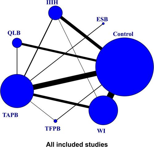 Figure 2 A network plot of eligible comparisons among different local anesthetic techniques.