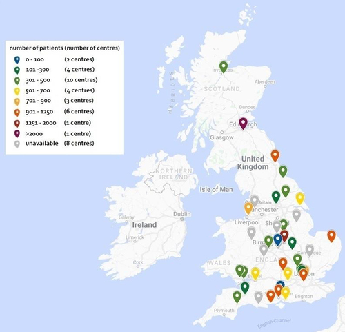 Figure 1 NHS Trusts in the UK that responded to the electronic survey. Centres are colour coded according to the number of patients reported to be under primary hepatocellular carcinoma (HCC surveillance).