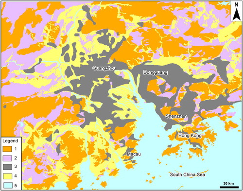 Figure 3. Distribution of the identified conceptual models throughout the study area. Key to the Legend: upper Mesozoic intrusive unit (1); sedimentary unit (2); urban areas (3); Quaternary unit in rural areas (4); water bodies (5).