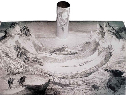 Figure 4. István Orosz. A Magically Appearing Portrait of Jules Verne on the Mysterious Island. 1983. Drawing on paper and metallic cylinder. (Artwork copyright © István Orosz. Photograph copyright © Al Seckel). (Seckel, Citation2004).