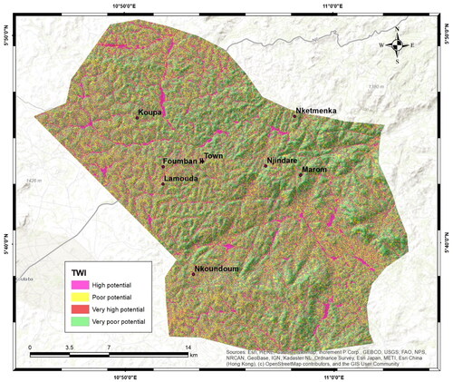 Figure 9. Distribution and extension of the topographic wetness index of the study area.