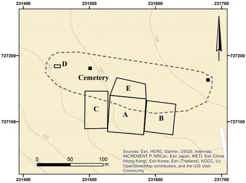 Figure 2. Excavation areas at Ḥorvat Tevet. The boundary of the cemetery is represented by the dotted line that encompasses all of Areas D and E and the northern parts of Areas A, B, and C (map by Anastasia Shapiro, courtesy of the Israel Antiquities Authority).