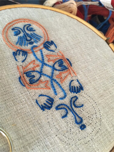 Figure 3 Detail of Viking Age motif as sample embroidery, used in a Sunday Pursuits textile craft event, on October 24, 2021, with the theme of embroidery, The National Museum of Denmark. Embroiderer Katrine Gudmundson had prepared patterns and yarns in advance, inspired by the museum collections. Photo: Gitte Engholm.