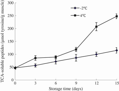 Figure 3. Changes in TCA-soluble peptides of olive flounder during chilled storage for 15 days. Data are the mean of triple replicates and vertical bars indicate ± SD.