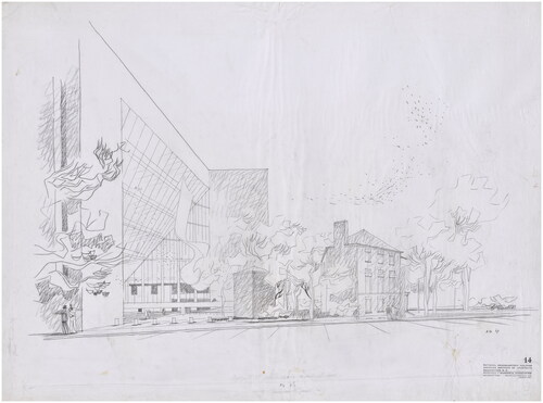 Figure 8. Mitchell/Giurgola Architects, AIA Headquarters, Washington, DC. Perspective sketch from 18th Street showing Scheme II (1967), donated by Giurgola to the Avery Library in 1980. Source: Romaldo Giurgola drawings, 1965–77, Avery Architectural & Fine Arts Library, Columbia University, New York.