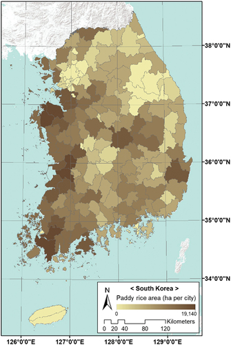 Figure 1. Paddy rice distribution in South Korea.