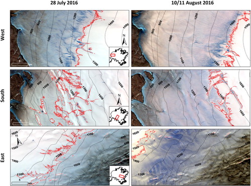Figure 6. Snow cover on the western, southern and eastern DIC delineated by thresholding the Sentinel-2 NIR bands (CitationRyan et al., 2019). The red lines show the boundaries of the snow and bare ice on 28 July and 10/11 August 2016.