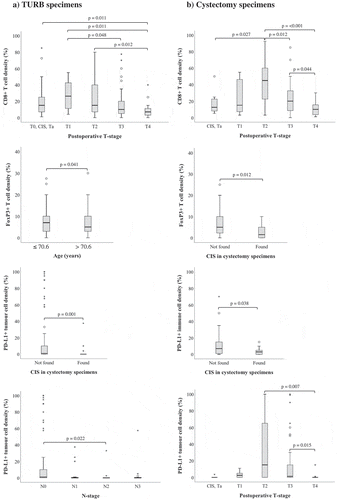 Figure 4. Clinicopathological correlates of different immune cell subsets and PD-L1TC. Box plots visualizing the associations between clinicopathological characteristics and immune marker density in A) TURB specimens and B) cystectomy specimens. Whiskers represent 5% to 95%. P-values are from non-parametric tests, only significant associations (p < .05) are denoted in the panels.