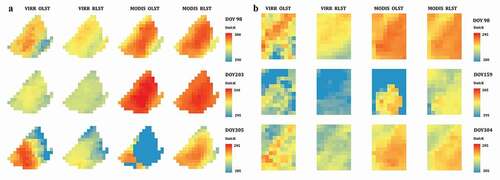 Figure 4. Spatial distribution of FY3C/VIRR and TERRA/MODIS OLST and RLST in plain (a) and mountainous (b) areas under cloud cover