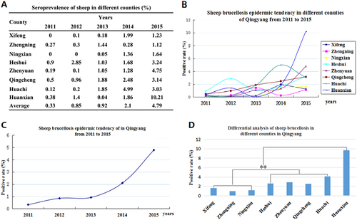 Fig. 2 The seroprevalence of brucellosis in sheep from 2011 to 2015.a The positive rates of the different counties in each year from 2011 to 2015. b Sheep brucellosis epidemic tendency in Qingyang from 2011 to 2015. c Sheep brucellosis epidemic tendencies in different counties in Qingyang from 2011 to 2015. d Differential analysis of the seroprevalence in different counties in Qingyang. Bar, the average seroprevalence from 2011 to 2015; **Very significant difference at P < 0.01