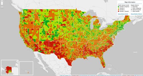 Figure 1 Map of estimated community-level health literacy in the US.Note: Reproduced from Health Literacy Data Map. US Health Literacy Data Map. Chapel Hill: University of North Carolina at Chapel Hill, 2019. Available from: http://healthliteracymap.unc.edu/.Citation10