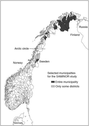 Fig. 1.  Municipalities investigated in the SAMINOR study. Finnmark county: Karasjok, Kautokeino, Porsanger, Tana, Nesseby, Lebesby, Alta, Loppa and Kvalsund. Troms county: Kåfjord, Kvænangen, Storfjord, Lyngen, Skånland and Lavangen. Nordland county: Tysfjord, Evenes and parts of Hattfjelldal, Grane and Narvik. Nord-Trøndelag county: Røyrvik and parts of Namskogan and Snåsa. Sør-Trøndelag county: part of Røros.