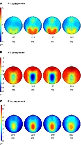 Figure 2 The scalp topography at the peak of three components.