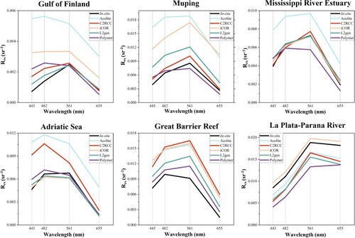 Figure 12. Comparison between averaged Rrs spectra from field measurements and satellite observations using different atmospheric correction algorithms.