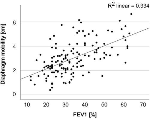 Figure 1 FEV1 and diaphragm mobility (measured sonographically) have a statistically significant and clinically relevant correlation (p<0.01).