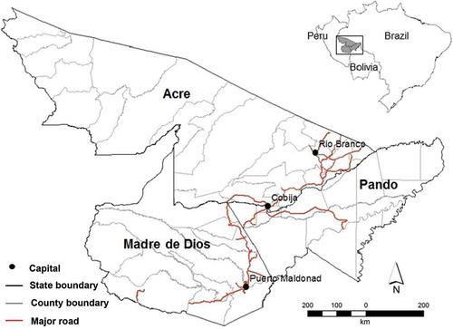 Figure 1. Map of the MAP region with major roads superimposed. This region encompasses the tri-national frontier regions of the Peruvian state of Madre de Dios (capital city, Puerto Maldonado), the Brazilian state of Acre (capital city, Rio Branco), and the Department of Pando (capital city, Cobija), Bolivia.