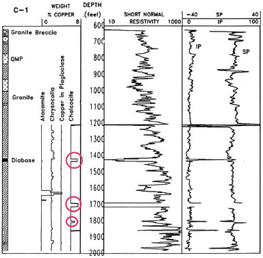 Figure 3. Electrical logs; resistivity, Self Potential (SP) and IP plus copper analysis (Nelson 1991).
