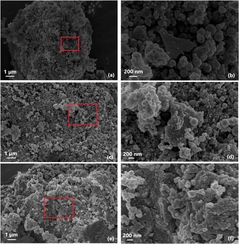 Figure 14. SEM images of MSH-MK20, showing: (a) sample after 3 d of hydration, (c) sample after 7 d of hydration and (e) sample after 28 d of hydration ((b) (d) (f) are the enlarged version of (a) (c) (e), respectively).