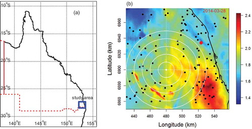 Figure 1. Location of (a) the study area in Queensland, Australia, and (b) the 117 daily gauge stations (black dots) within the range of the Mt. Stapylton weather radar station (near Brisbane) (red dot); the radar image in log10(mm) scale is for 28-03-2014.