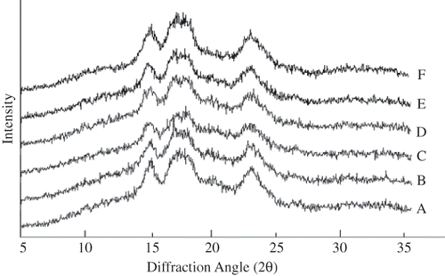 Figure 2 X-ray diffractograms of rice starches from different black rice cultivars: (A) Hwayoungbyeo, (B) Dragon eyeball 100, (C) Heukjinjubyeo, (D) Heukgwangbyeo, (E) Heuknambyeo, and (F) Josaengheukchal.