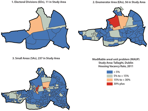 Figure 4. Modifiable areal unit problem (MAUP): mapping the same indicator at three different scales.