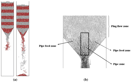 Figure 4. (a) Mass flow of bulk material (b) Flow zones.