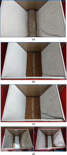 Figure 14. The setup of experimental tests: (a) Placing the HFCCT at the center of the bottom, and then installing two earth pressure measurement cells between the side slopes and the sides of the HFCCT, (b) Fill and compact the first backfill soil layer with a height that reaches the top of the HFCCT (15.4 cm), (c) Install five earth pressure measurement cells after the first backfill soil layer is filled and compacted, and (d) Install the EPS and the geogrid with the specific formation as required for each experimental test.