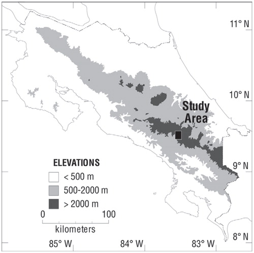 FIGURE 1. Location of the Chirripó massif (“study area”) in the Cordillera de Talamanca of southern Costa Rica, site of Lago de las Morrenas 1.