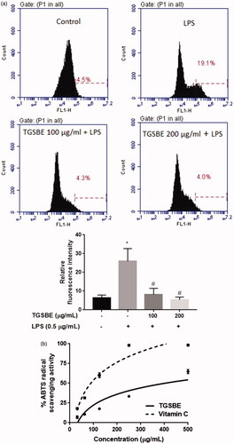 Figure 6. (a) Effect of TGSBE on LPS-induced production of ROS in RAW264.7 cells. Following treatment with TGSBE and LPS, cells were incubated with DCF-DA for 30 min. Afterwards, cells were collected and fluorescent intensity which is proportional to ROS concentration, was determined by flow-cytometry. Images are representative of three separate experiments. The relative level of ROS production was depicted in graph. Data represent mean ± SD values of three separate experiments. *p < 0.05, significant compared to control, #p < 0.05, significant compared to LPS alone treated group. (b) the antioxidant potential of TGSBE was determined by ABTS radical scavenging assay. The representative graph depicts the percentage ABTS radical scavenging potential of TGSBE and a reference standard ascorbic acid. Data represent mean ± SD values of three separate experiments.