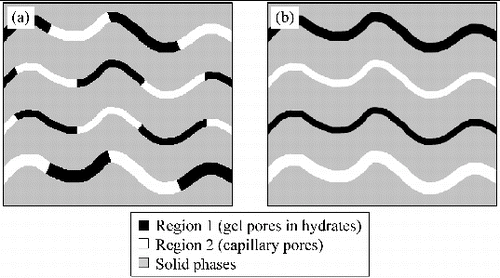 Figure 8. Schematic diagrams of the microstructure of HCP: (a) the serial model and (b) the parallel model. Black parts are hydrates including gel pores (region 1), white parts are capillary pores (region 2), and gray parts are solid phases such as hydrates and unhydrated cements.