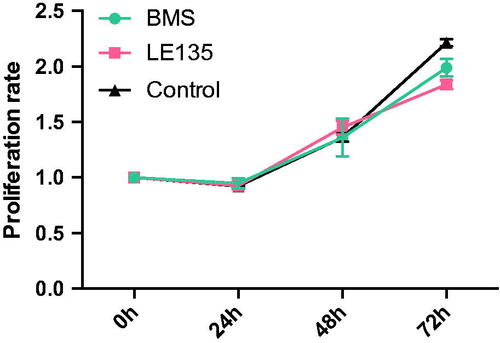 Figure 11. Proliferation rate of cells treated with RARα and RARβ antagonist. It had been proven that RARα and RARβ antagonist BMS and LE135 have no effect on the OD value. Cells were treated with BMS and LE135 for 0, 24, 48 and 72 h, and then proliferation rate were detected using CCK8 test. The control group were maintained in the normal culture medium.