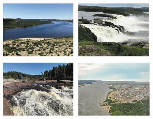 Figure 3. The Great Whale River ecosystem in summer. Top left: campsite 151 km upstream from the mouth; Top right: waterfall 67 km upstream. Bottom left: brown CDOM-rich water in the Kwakwatanikapistikw River that discharges into the Great Whale River, 15 km upstream from the mouth. Bottom right: Whapmagoostui-Kuujjuarapik at the mouth of the Great Whale River in July 2019; note the sea ice offshore in Hudson Bay. Photocredits: WF Vincent/CEN and P. Coupel/Sentinel North