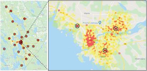 Figure 4. Patient locations and the current health centres in North Karelia (left) and Joensuu city centre (right). The patient locations are shown using a heat-map to preserve anonymity