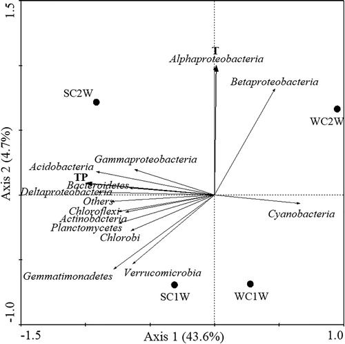 Figure 6. Redundancy analysis (RDA) of bacterial community composition in water samples and environmental factors in Lake Chaohu.