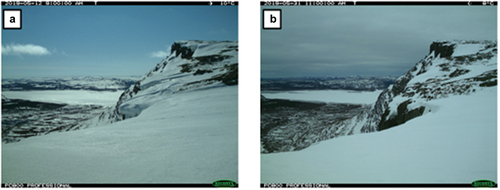 Figure 10. (a) The snow cornice is seen overhanging the slope on 12 May 2019 at four cumulative melting degree-days. (b) The snow cornice does not overhang the slope on 31 May 2019 at fifty-seven cumulative melting degree-days.