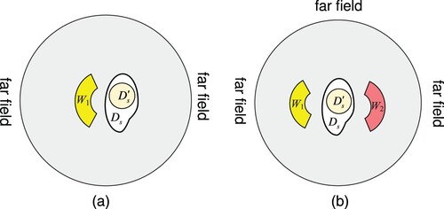 Figure 2. Sketch of the problem geometry showing the near control region(s) W1 and/or W2 and the source region Ds. (a) One control region. (b) Two control regions.