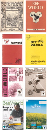 Figure 1. Different appearances of Bee World in the past starting with the first issue 1919 top left. Volume 33 (1952), Vol. 49 (1968), Vol. 68 (1987), Vol. 73 (1992), Vol. 82 (2001), Vol. 85 (2004), Vol. 87 (2010).