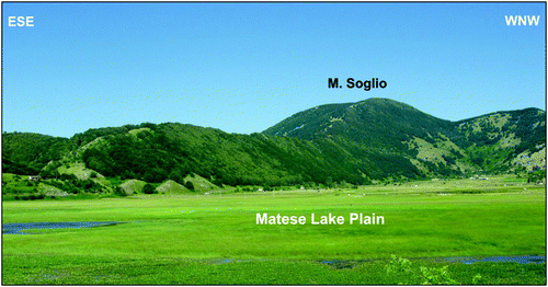 Figure 7. Panoramic view of the residual fault scarp of Mt. Soglio bordering southwards the Matese Lake polje.