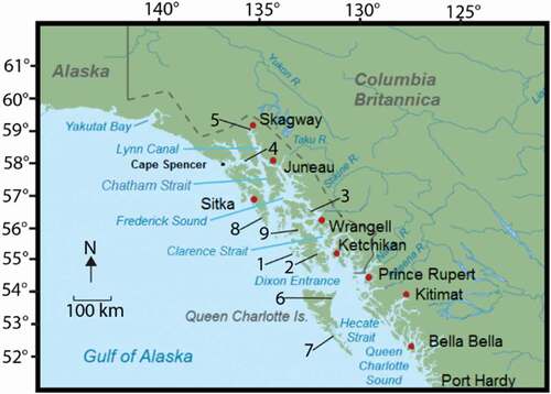 Figure 1. Location of study sites in southeastern Alaska: (1) Baker Island (this record); (2) Pass Lake, Prince of Wales Island (Ager and Rosenbaum Citation2009); (3) Mitkof Island (Ager et al. Citation2010); (4) Pleasant Island (Hansen and Engstrom Citation1996); (5) Lily Lake, Chilkat Peninsula (Cwynar Citation1990); (6) Haida Gwaii (Queen Charlotte Islands; Mathewes, Heusser, and Patterson Citation1993); (7) Haida Gwaii (Lacourse, Mathewes, and Fedje Citation2005); (8) Hummingbird Lake, Baranof Island (Ager Citation2019); (9) El Capitan Cave, Prince of Wales Island (Wilcox, Dorale, et al. Citation2019)