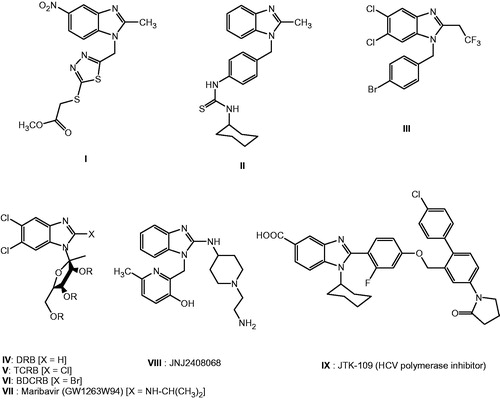 Figure 1. Benzimidazole structures I–XIV substituted at position 1 as lead potent active compounds for antitumor and antiviral activity.