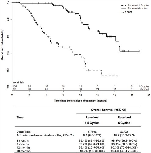 Figure 4 Comparison of the overall survival of patients completing Ra223 therapy (6 cycles) versus patients with early treatment discontinuation (1–5 cycles). Log-rank testing revealed a significant (p<0.0001) overall survival benefit of patients completing Ra223 therapy compared to men receiving 1–5 treatments only, with an actuarial median survival time of 18.7 versus 8.1 months, respectively.