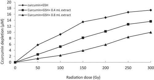 Figure 5. Graphical representation of curcumin protection by 60% methanol extract of Z. officinale (i.e. 0.4 mL = 8 mg/mL and 0.8 mL = 16 mg/mL concentration) against thiyl free radical attack.