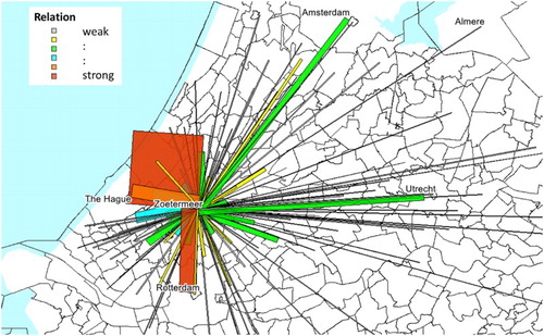 Figure 6. Distribution of trips originating in the city of Zoetermeer determined from mobile phone data (coloring and bandwidth indicate relative number of trips)