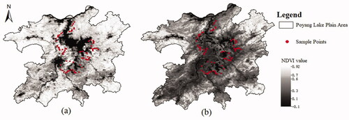 Figure 7. Normalized difference vegetation index (NDVI) of Poyang Lake Plain in (a) July 2003 and (b) December 2003.