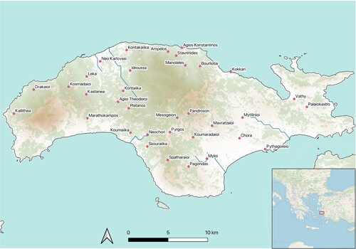 Figure 4. Map of Samos and location within the Aegean Sea in Greece. (Author)