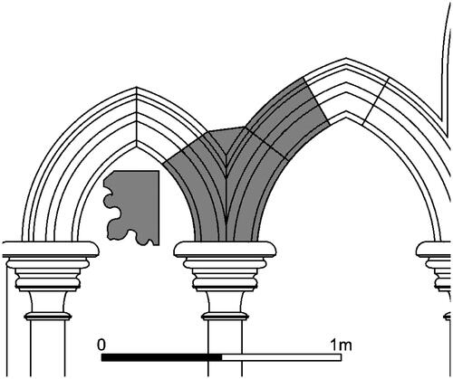 Fig. 36. Bridlington Priory: reconstruction of a clerestory screen arcade like those at Jervaulx, Beverley and Fountains, based on a loose springer and a voussoir in the north nave aisleS. Harrison