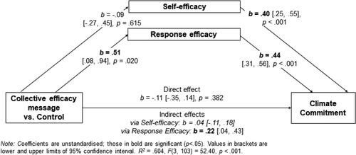 Figure 4. Direct and indirect effects of collective efficacy message on climate commitment.