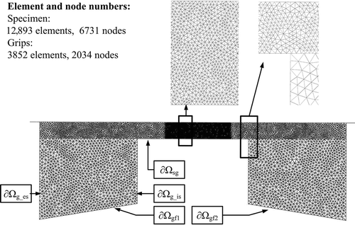 Figure 3. Schematic representation of geometrical model and mesh used in the modelling of Gleeble tension test.