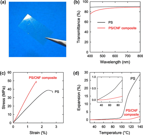 Figure 7. (a) Photograph of polystyrene/nanocellulose composite film with 12% w/w nanocellulose after melt pressing, (b) UV–vis transmittance spectra, (c) stress–strain curves, and (d) thermal expansion behavior of the composite and polystyrene films. Modified from Ref. [Citation74], with permission from American Chemical Society (© ACS 2017).