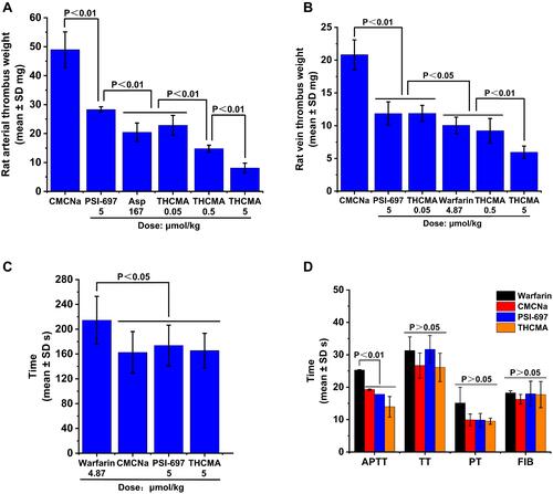 Figure 6 Antithrombosis activity and bleeding-risk, and coagulation-risk evaluations of THCMA. (A) Anti-arterial thrombosis activity of THCMA (n=10); (B) antivenous thrombosis activity of THCMA (n=10); (C) bleeding risk of THCMA (n=10); (D) coagulation indices (PT, TT, APTT, Fib) of THCMA (n=6).